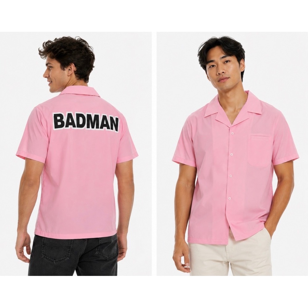 Pink Vegeta BADMAN Graphic Short Sleeve Camp Collar Button Down Shirt XXL NEW
